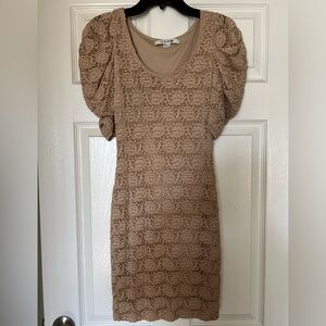Beige lace mini dress with puff shoulders